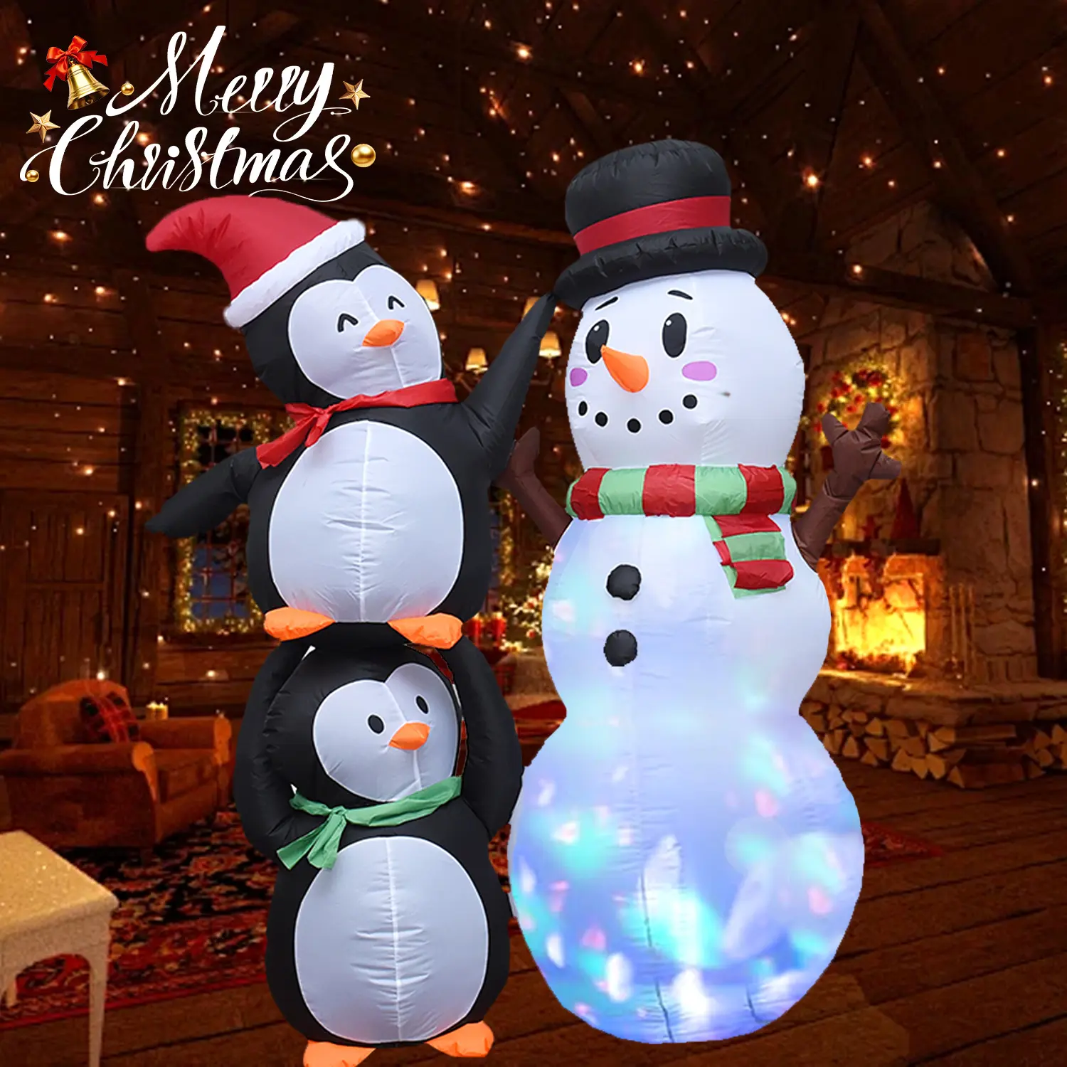 6FT Snowman and Penguins Christmas Inflatables Outdoor Decorations, Christmas Decorations with Rotating Colorful LED Lights Blow Up Yard Decorations for Lawn Garden Xmas Party