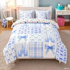 7 Pieces Blue Bowknot Comforter,Cherry Bow Tie Castle Princess Dreamy Bedding Set,Geometric Plaids Patchwork Beauty Fashion（Comforter+Fitted+Flat+2 Pillowcases+2 Throw Pillow Covers）