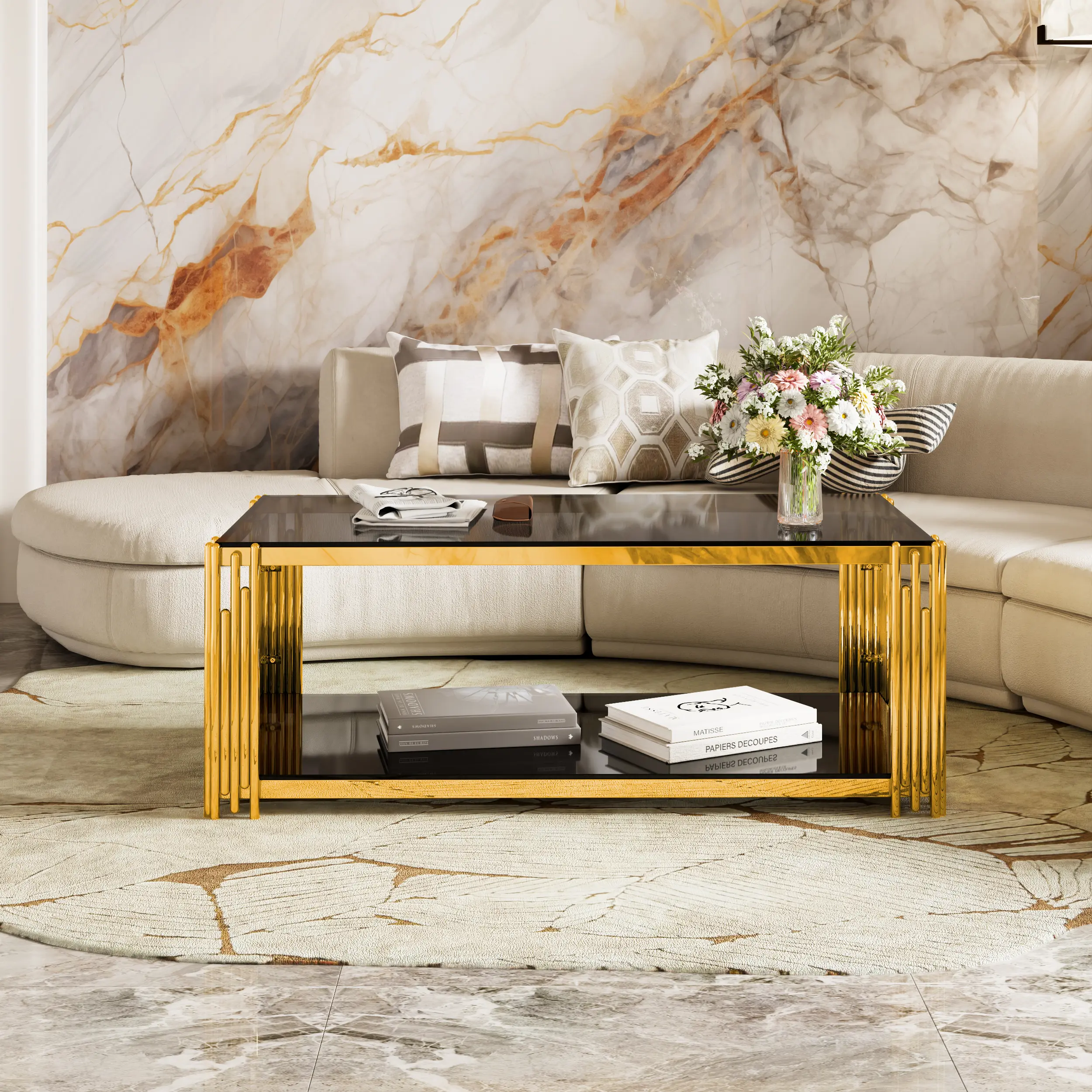 Modern Black Glass Coffee Table with Gold Finish Asymmetrical Metal Base & Shelf 47.5" L x 47.5" W Square Central Table for Living Room Small Spaces Easy Installation No Tools Required