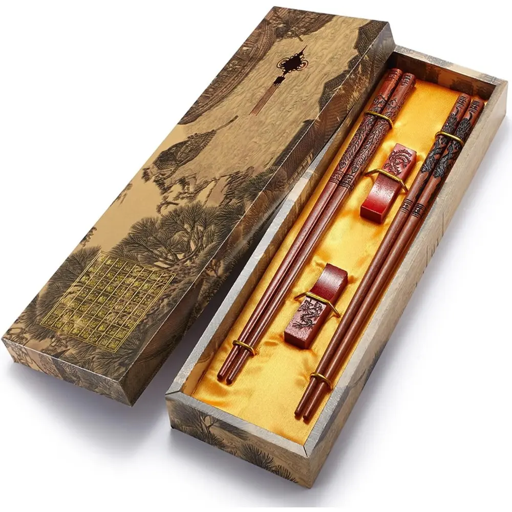 Handmade Dragon-Themed Reusable Chopsticks Cutlery Set (2 Pairs) with Holder, Carrying Bag, Chinese Traditional Exquisite Design - Home & Travel Use, Noodle Meals, Creative Box Packaging, Happy Birthday/Wedding Gifts for Friends/Family, Salad, Tableware