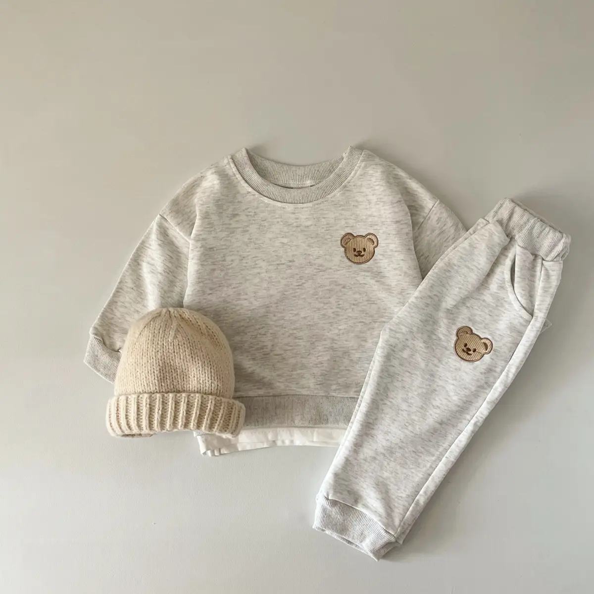 Cozy 2-Piece Baby Clothes Set, Spring/Autumn Fleece-Lined Cartoon Bear Crew Neck Pullover and Casual Pants Outfit for Infants, Baby Clothing, Gift Sets, Animals, Long Sleeve