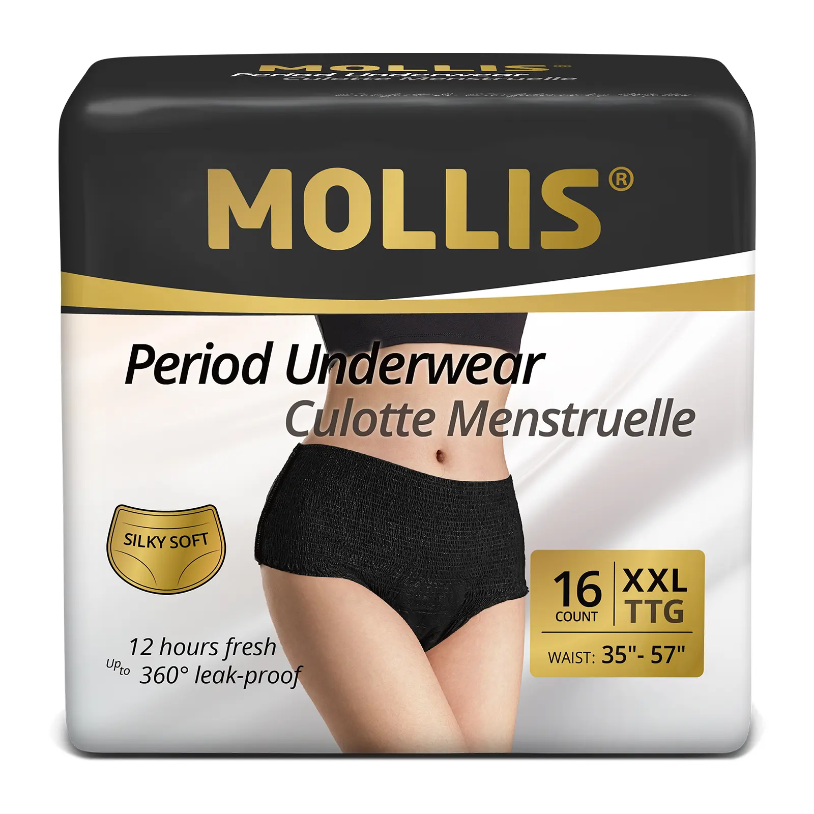 MOLLIS Disposable Period Underwear for Women, High-Waisted Panties for Heavy Flow & Postpartum, 360° Leakproof Overnight Protection, C-Section Friendly, 8/16 Count,, Fabric, Breathable, Travel, Xxl