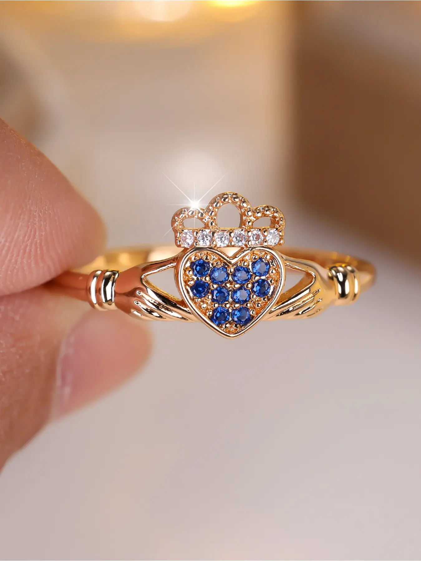 1pc Blue CZ Claddagh Ring, Golden Plated Heart Crown Promise Ring, Heart Shaped Ring, Irish Style Jewelry for Women