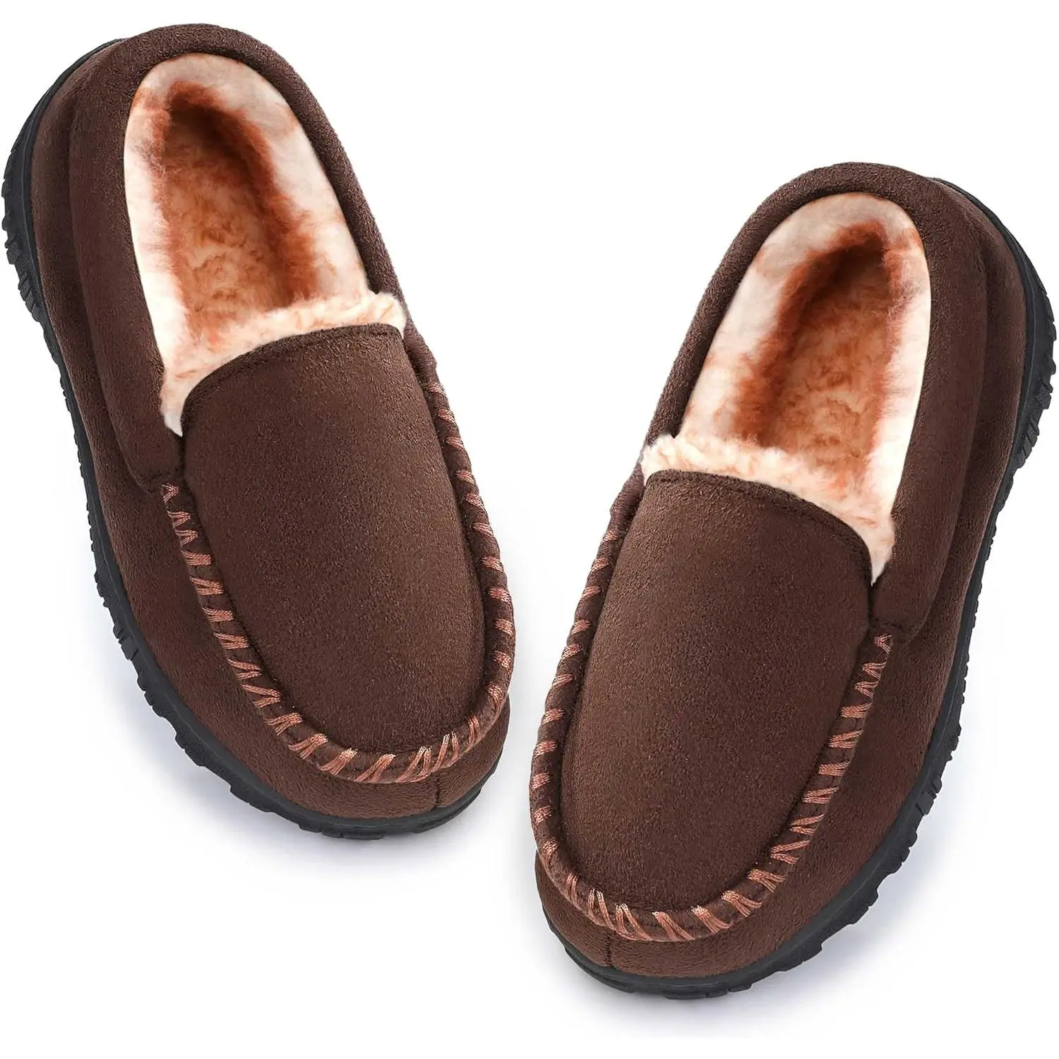 SHOESLOCKER Kids' Suede Moccasin Slippers for Boys & Girls (8 Toddler, 13 Little Kid) - Warm Plush-Lined, Memory Foam, Nonslip Rubber Sole, Indoor/Outdoor, Round Toe, EVA Outer, Easy Cleaning, Holiday Gift