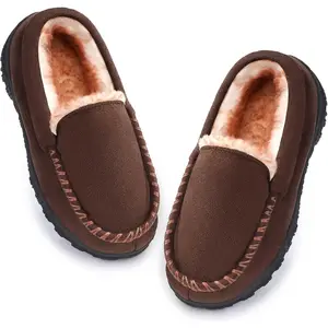 SHOESLOCKER Kids' Memory Foam Moccasin Slippers - EVA Upper, Nonslip Design, Warm Plush Interior, Comfortable Fit Insole, Suede Square Toe, Indoor/Outdoor Footwear for Boys & Girls (Beige, Brown, Black)