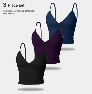 Women's spaghetti strap tank top with invisible bra padding, sexy deep V-neck pleats, comfortable wire-free sports bra, slim-fit outerwear basic top, suitable for yoga, fitness, and summer wear.