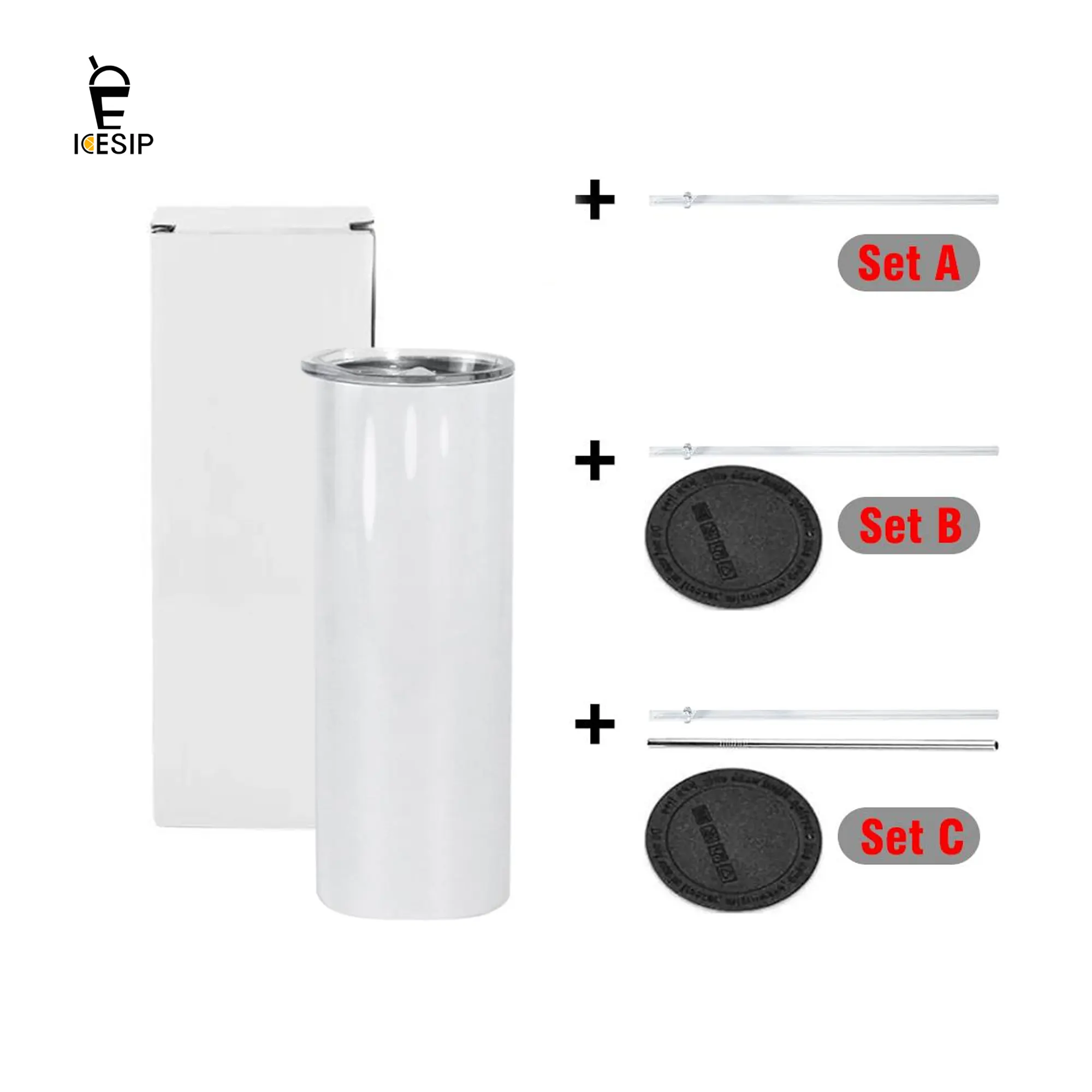 ICESIP 25pcs/ctn 20oz Vacuum Insulated Sublimation Stainless Steel Straight Skinny Tumbler with Plastic Straw & Lid, for DIY Heat Transfer Patterns, Holiday Gifts
