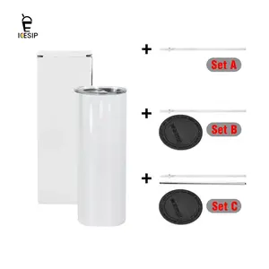 ICESIP 25pcs/ctn 20oz sublimation stainless steel straight skinny tumbler with straw and lids for DIY heat transfer sublimation pattern, Holiday birthday Christmas Halloween Gifts, party decor