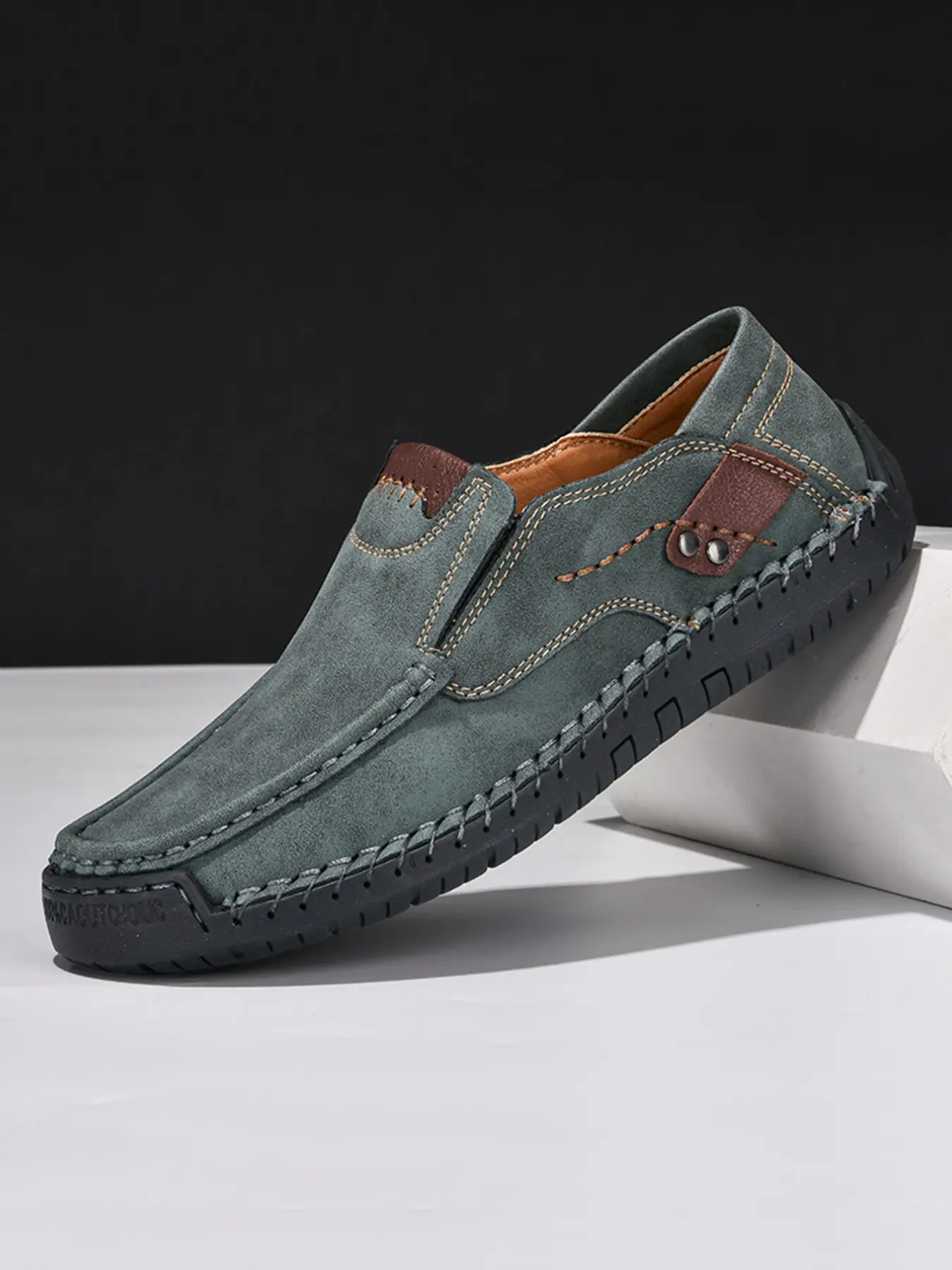 Men's Handmade Stitched Casual Loafers, Breathable Lightweight Slip-On Flat Outdoor Walking Shoes, Anti-Slip Driving Shoes, Comfortable Fashion Footwear