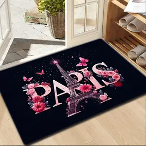1PC Flannel Entrance Floor Mat Floral Print Rug Paris Eiffel Tower Design, Romantic French Luxury Home Decor, Non-Slip, Absorbent, Perfect for Door Mats