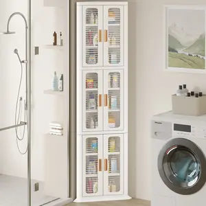 VECELO 3-Tier Tall Corner Cabinet with Double Doors and Adjustable Shelves, Corner Storage Cabinet, Foldable Organizers Cabinet for Bathroom, Kitchen, Living Room, Pantry