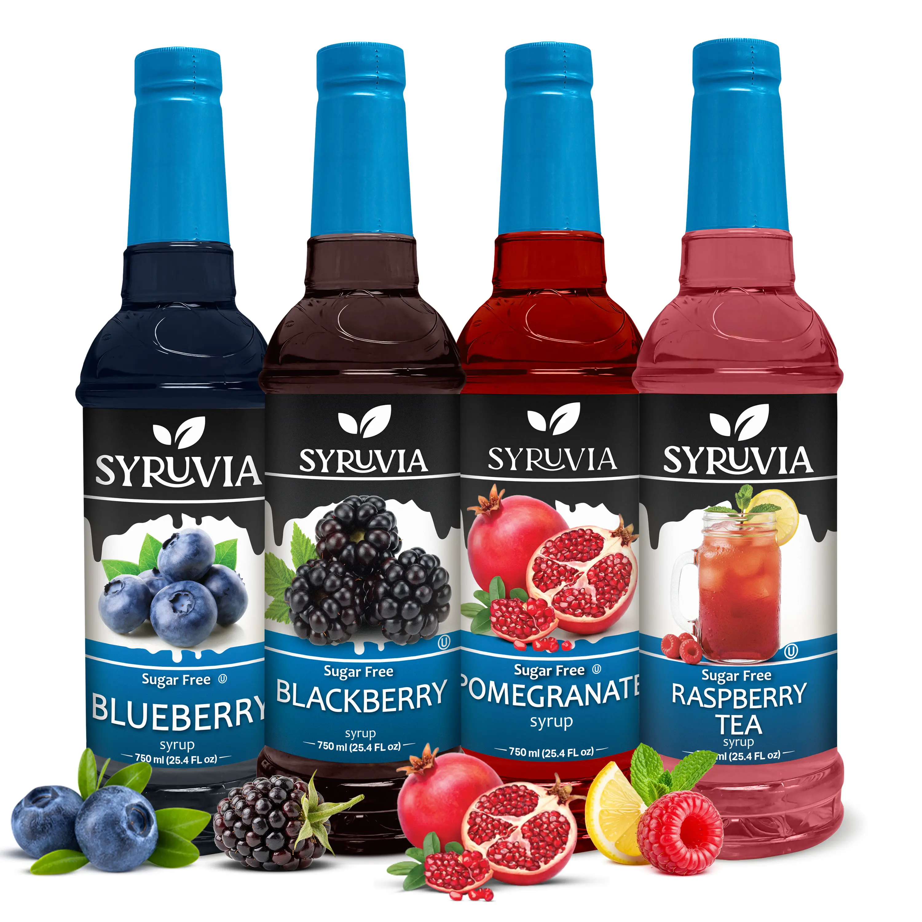 Syruvia No Sugar Added Fruity Syrup Variety Pack - 4-Pack, Blueberry, Blackberry, Pomegranate & Raspberry Tea Flavors, Gluten-Free, Kosher, 25.4 fl oz Bottles, Perfect for Refreshing Drinks (Raspberry Syrups & Concentrates), Low Sugar Dessert, Packaged Dr