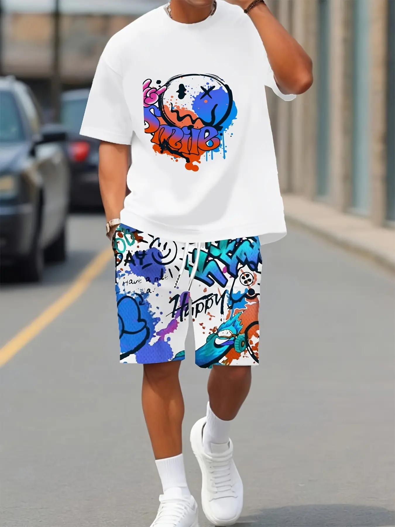 Men's Summer Casual Sport Set, Outfit, Fashion, Menswear, Clothes, Letter Print Crewneck Tee and Shorts, Knit, 3D Printed, Breathable Polyester, Lightweight, Outdoor Activities