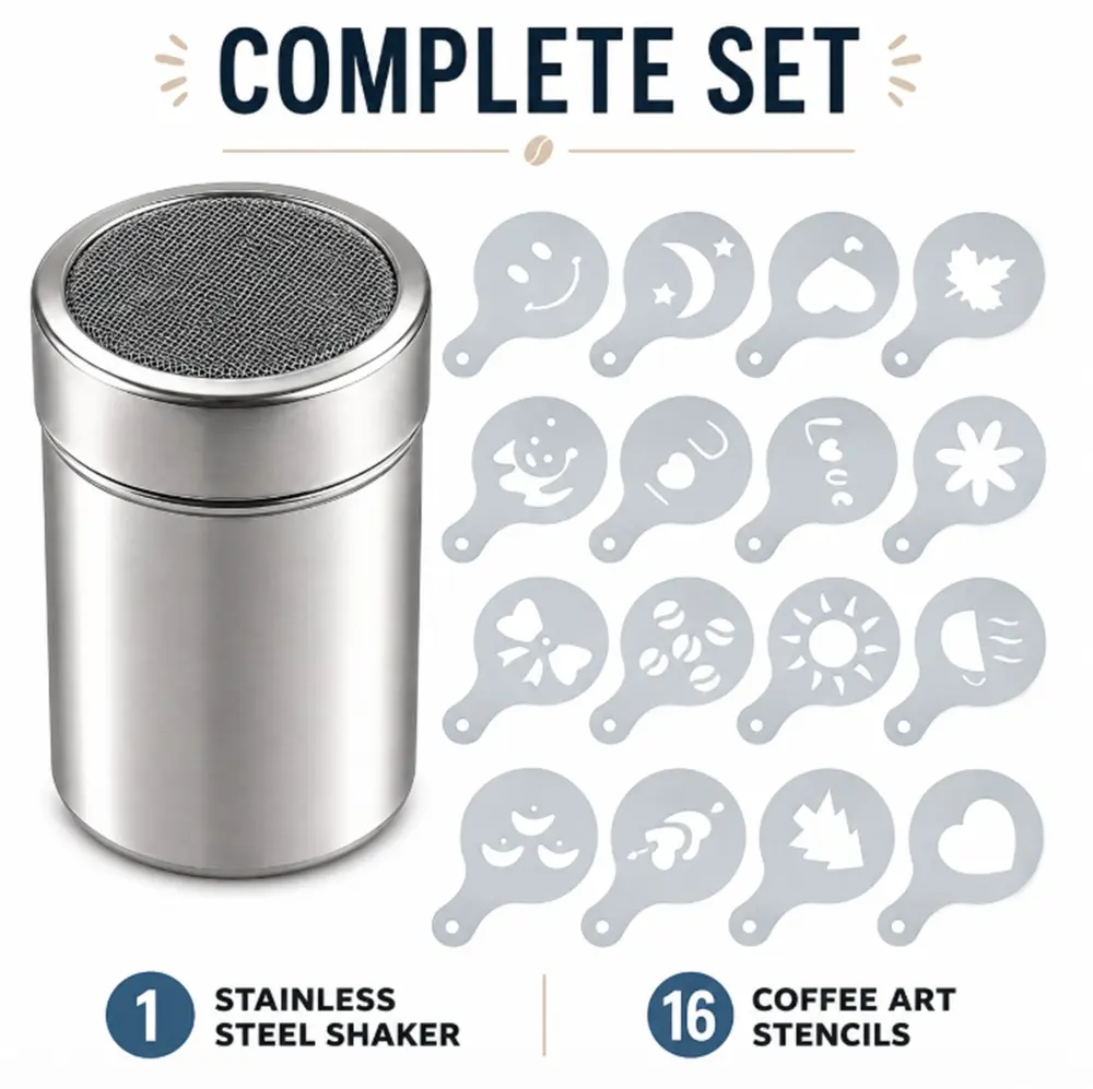 TIKA 16-Piece Coffee Stencil Set with Stainless Steel Powder Shakers for Latte, Cappuccino and Cupcake Decoration