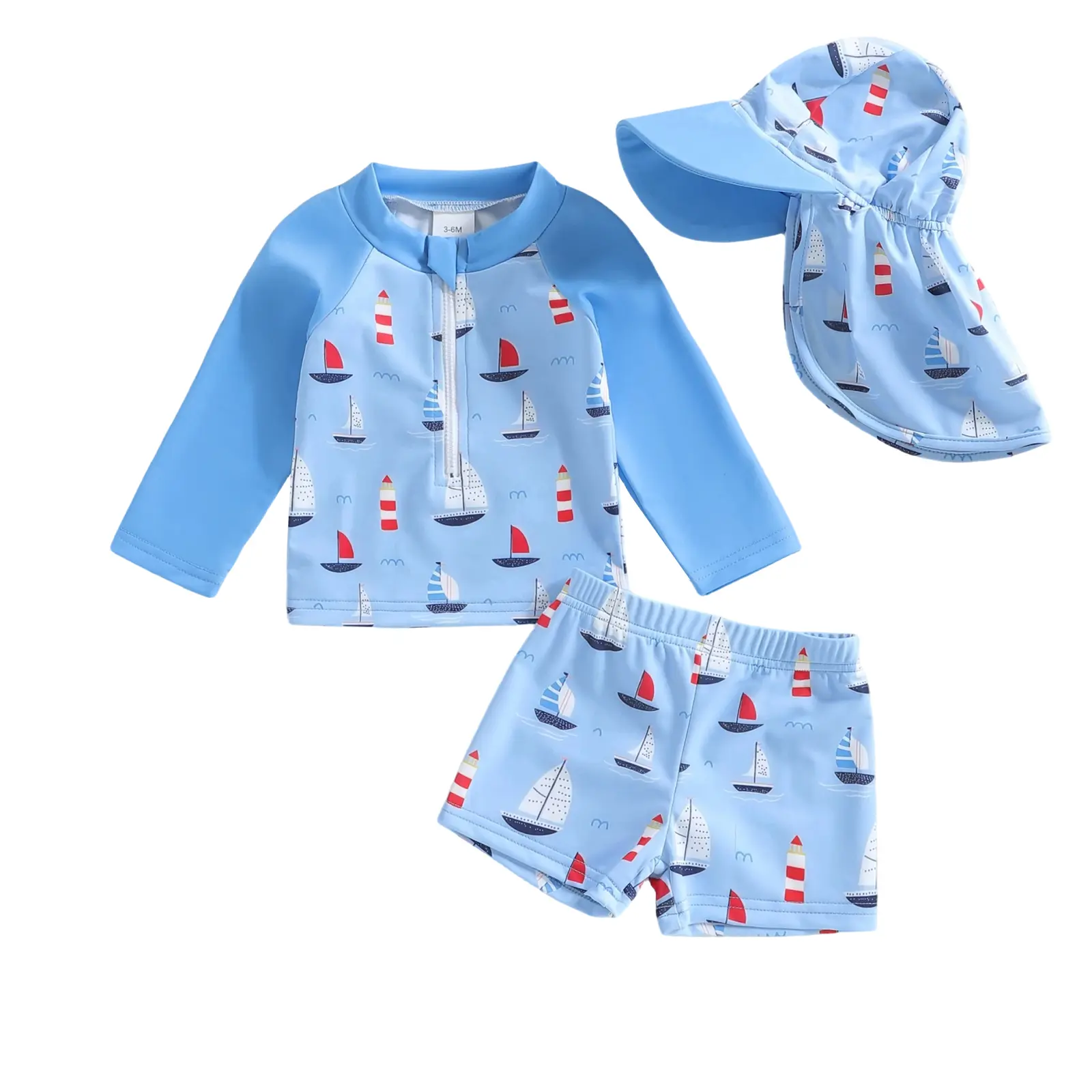 Meihuida Toddler Boy Swimsuit Shark/Sailboat Print Long Sleeve Rash Guard Shirt Swim Trunks Sun Cap 3 Piece Baby Bathing Suit