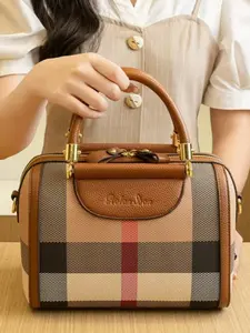 Large Capacity Fashion Boston Shoulder Bag, Luxurious Handbag, Fashion Elegant Handbag, Plaid Crossbody Bag, British Style Cylinder Bag, Classic Quilted Patchwork, Leather Handbags, Genuine Leather Crossbody