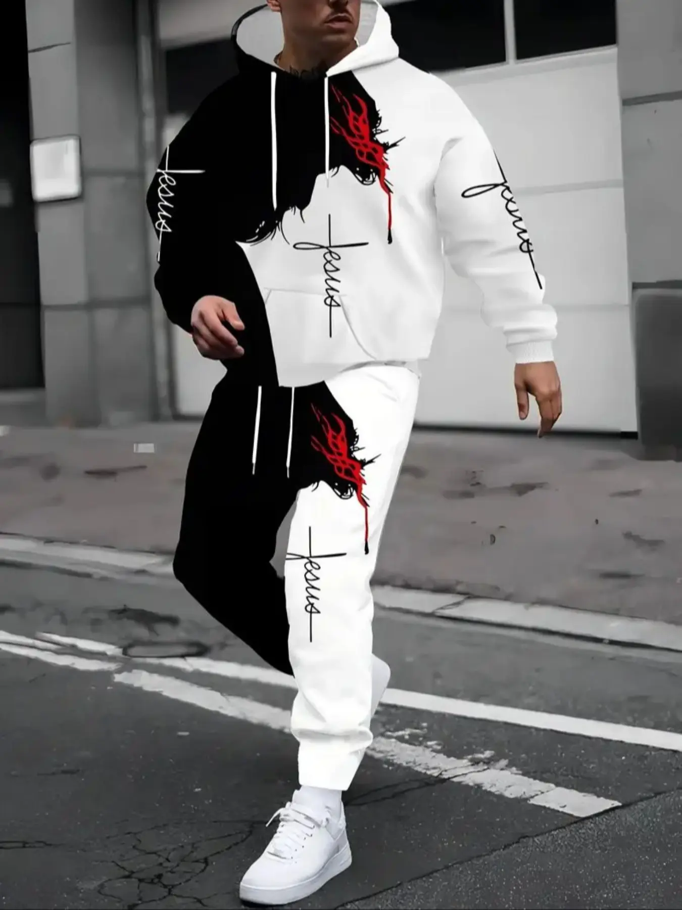 Men's 3D Print Casual Active Sportswear, Outfit Tracksuit, Streetwear Athletic Tracksuit Set, Long Sleeve Hoodie & Pants, Polyester Blend, Ideal for Gym & Training