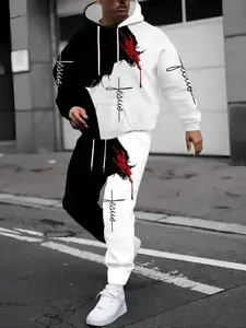 Men's 3D Print Casual Sportswear, Streetwear Athletic Tracksuit Set, Long Sleeve Hoodie & Pants, Polyester Blend, Ideal for Gym & Training