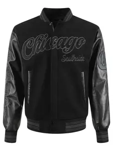 Men's Chicago Baseball Jacket, Casual Fashion High-End Embroidered black zip coat Patchwork PU Long Sleeve College Style Outerwear,Fall & Winter Streetwear