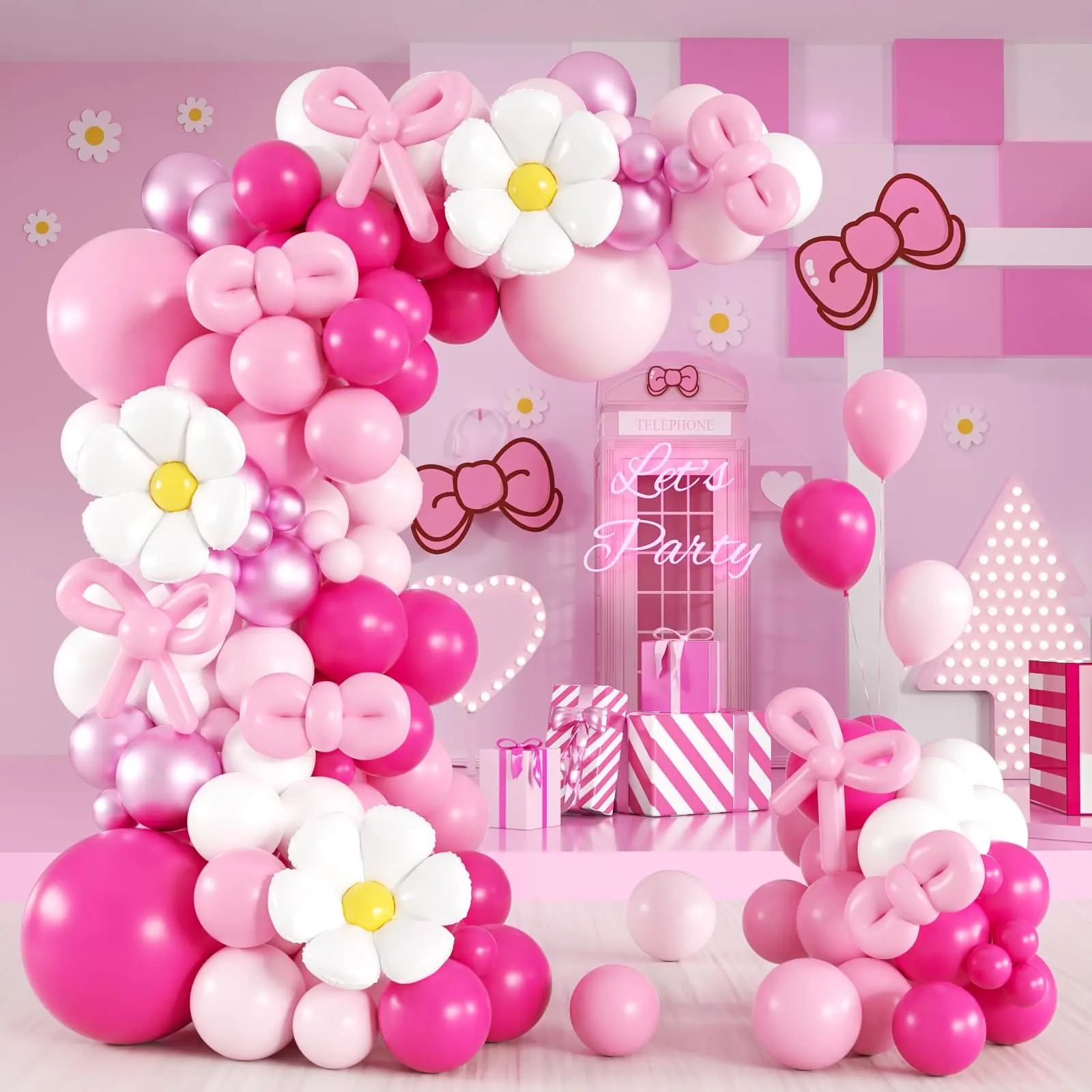 139PCS Pink Cartoon Cat Balloon Garland Kit Hot Pink Light Pink White Balloons with Flower Foil Balloons