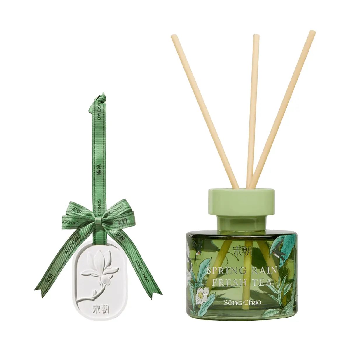 SONG CHAO TK-COMBO Diatomaceous Earth Scented Hanging Deodorizer for Wardrobe & Car, Lakeside Lotus 19g + "Blooming Realm" Reed Diffuser, Spring Rain Green Tea 120ml - 2-Piece Value Set
