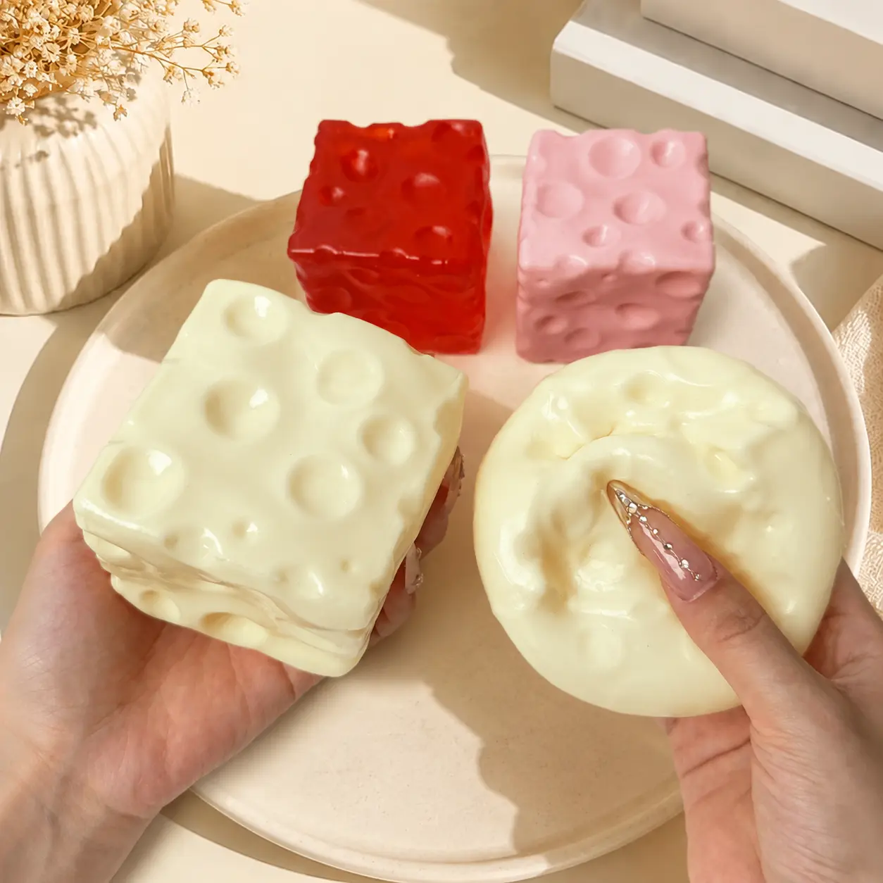 Cheese Cube Squishy Toy - Yellow, Pink, Red, Green, 6cm/7cm Soft Moldable Petroleum Jelly-Filled Squeeze Ball, ASMR Stress & Anxiety Relief Sensory Toy for Ages 12+, Quirky, Whimsical, Cool Adulting Gifts for Grown Ups, Quirky Gifts