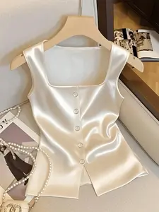 Women's Vintage Satin Square Neck Sleeveless Button Down Vest, Fitted Sleeveless Top, Office Commute, Date Night, Casual Innerwear, Evening Event, Elegant and Comfortable, White