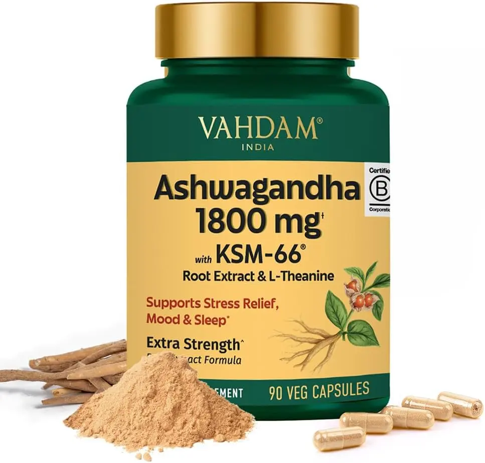 VAHDAM Natural Ashwagandha Vegetarian Natural Herbal Capsules, 1800mg Root Extract with L-Theanine, 90 Non-Powder Dietary Supplement - Stress Calm Supplement, Selfcare Support