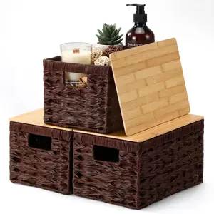 Briwooody 3 Pcs Wicker Storage Baskets for Shelves with Lids Stackable Woven Baskets for Organizing 13 x 8.7 x 7.1 Inch Brown Rustic Wicker Bins with Handles for Pantry Bathroom Kitchen