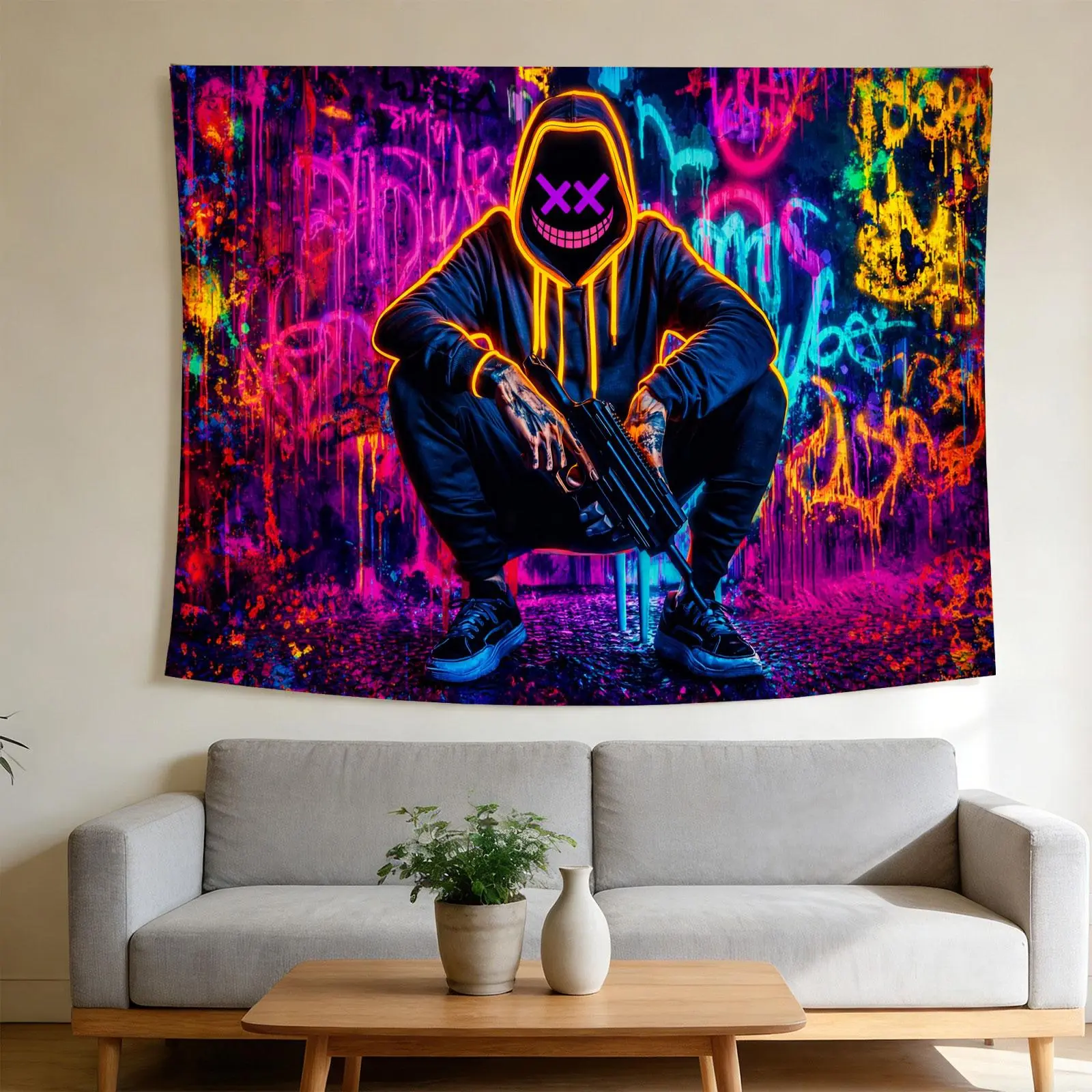 UV Blacklight Graffiti Graphic Hoodie Guy Tapestry - Neon Nightglow, Cyberpunk Street Art Style Wall Backdrop, Lightweight 60"x40" Multi-Size Glam Home Decor for Halloween, Festival Use