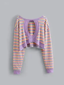 Women's Fashion Fall Winter Hollow Out Striped Lightweight Knit Sweater, Casual Long Sleeve Backless Gym Top, Fitted Style for Fitness Wear