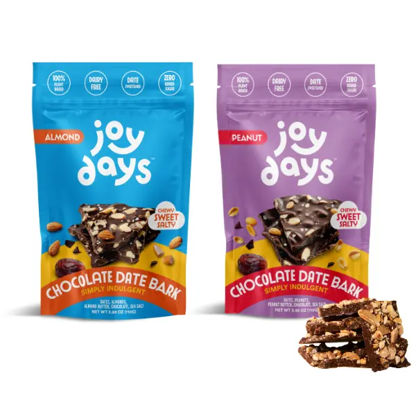 Joydays Chocolate Date Bark – 2 Flavor Variety Pack (Almond & Peanut) | Healthy Chocolate Snack, Low Sugar, Dairy-Free, Vegan Sweet & Salty Treat Dessert Chewy