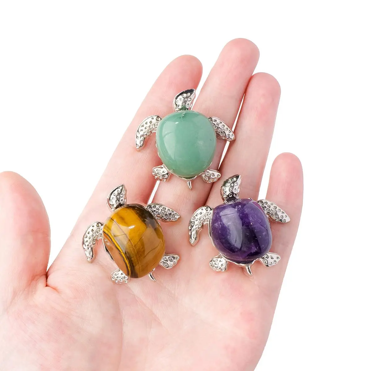 Metal Turtle Ornament with Natural Crystal Rolling Stones, Intuitively Chosen Crystals, 1 Count Colorful Animal Figurine, Fengshui Ornament for Room Decor, Trinket Gift