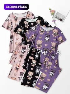 Women's Cartoon Bear Print Short Sleeve Tee & Elastic Waist Pants Pajama Set, Casual Comfy Round Neck T-Shirt & Trousers PJ Set, Ladies All Seasons Sleepwear Loungewear Pyjamas