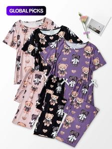 Women's Cartoon Bear Print Short Sleeve Tee & Pants Pajama Set, Casual Comfy Round Neck T-Shirt & Elastic Waist Trousers PJ Set, Ladies Sleepwear for All Seasons