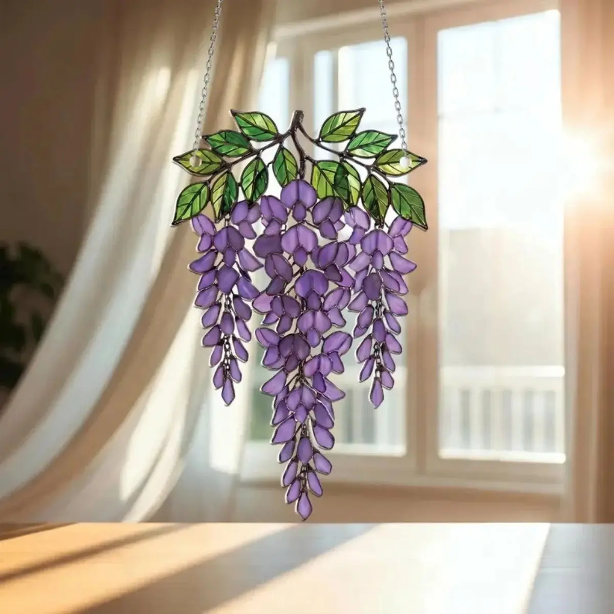 Purple Wisteria Stained Glass Suncatcher - Light-Enhanced Hangable Flower Window Decoration, Botanical Home Accent for Gifting
