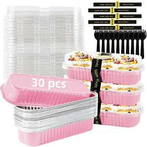 30 Pack Pink Disposable Rectangular Aluminum Foil Loaf Pans with Lids, 6.8oz Mini Cake Pans for Baking, Small Cake Container