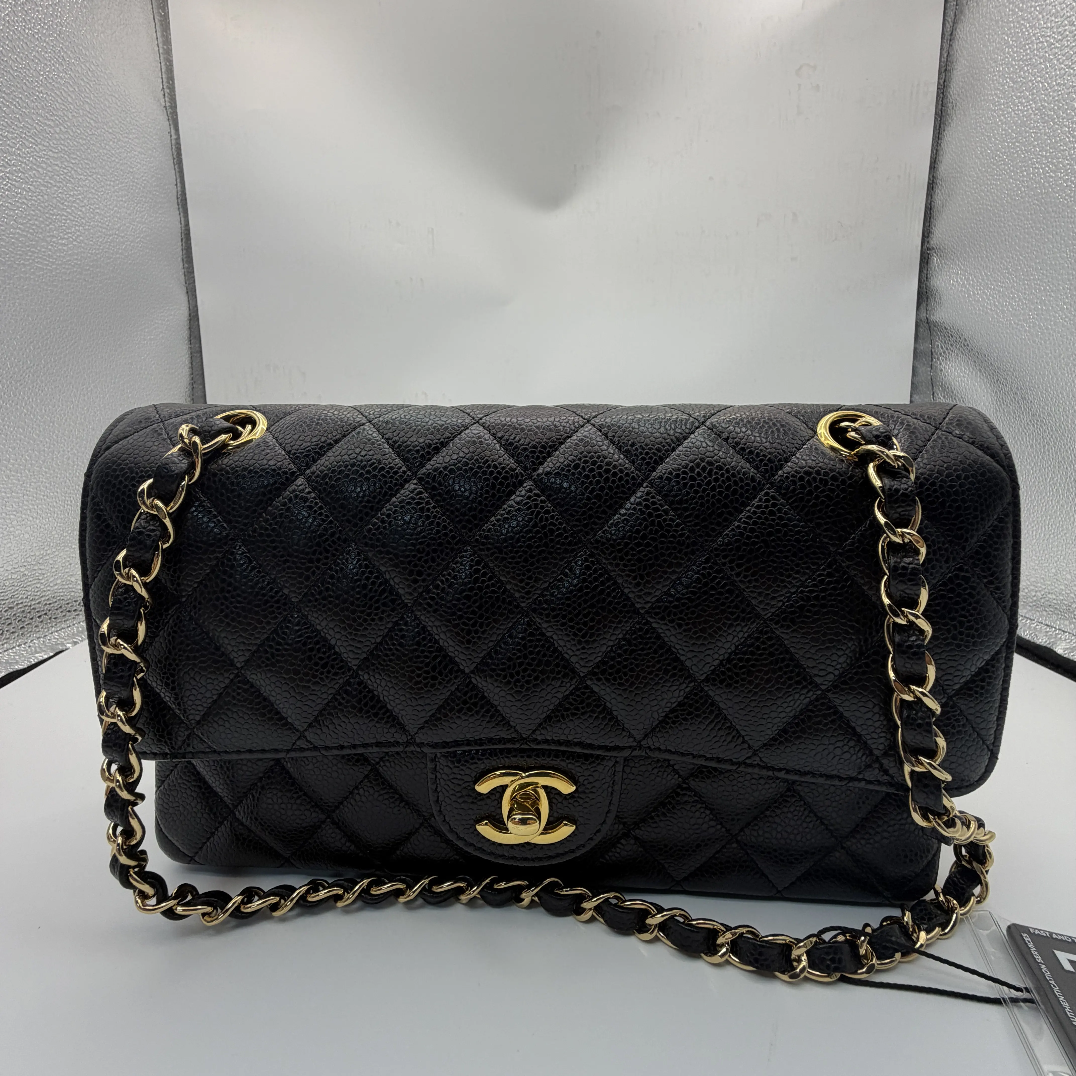 Pre-owned CHANEL Medium Classic Flap Fashionable Purse Black Caviar Leather, Double Flap, Gold Hardware (Microchip Version), Evening Purse