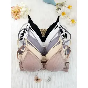 5pcs Women's Solid Color Comfort Bralettes , Full Coverage, Adjustable Straps, Soft Ribbed Fabric, Casual Everyday & Winter