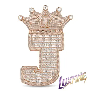 ①⑦LUXFINE 105mm Iced Out Crown Large size Letter J Pendant,Solid Metal Rose Gold Plated Full CZ Diamond Initial Alphabet J Charm, Hip Hop Bling Pendant Necklace for Men Women