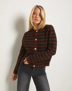 Coral Charm Cardigan - Boxy Knit Cardigan with Gold Buttons & Stripes for a Thrifted-Better, Timeless Lady-Jacket Look