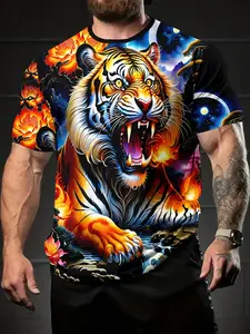 Men's 3D Digital Print T-Shirt, Casual Fitted Short Sleeve Round Neck, 100% Polyester, Perfect Holiday Gift for Men, Streetwear, Casual Comfy Fit