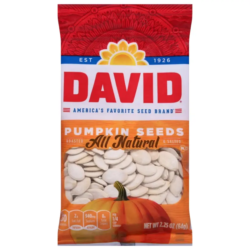 David 3-Pack Pumpkin Sunflower Seeds - All-Natural, Crunchy, High Protein Ambient Snack, Good Source of Protein for All Ages, 2.25oz Each