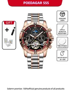 POEDAGAR Luxury Casual Men's Automatic Mechanical Hollow Tourbillon Waterproof Night Light Calendar Week Stainless Steel Men's Watch Gift Preferred Luminous Analog Watch