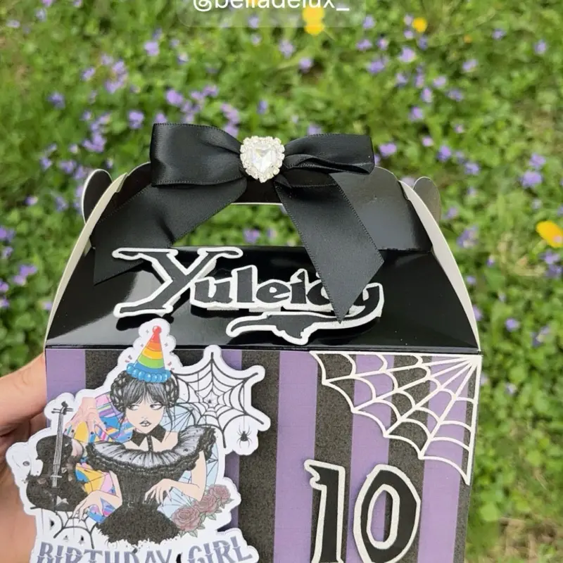 Gothic Birthday Favor Box Custom Name Treat Box Dark Goth with Spiderweb Design and Bow Handle Handmade Personalized with Glitter Details and 3D Elements