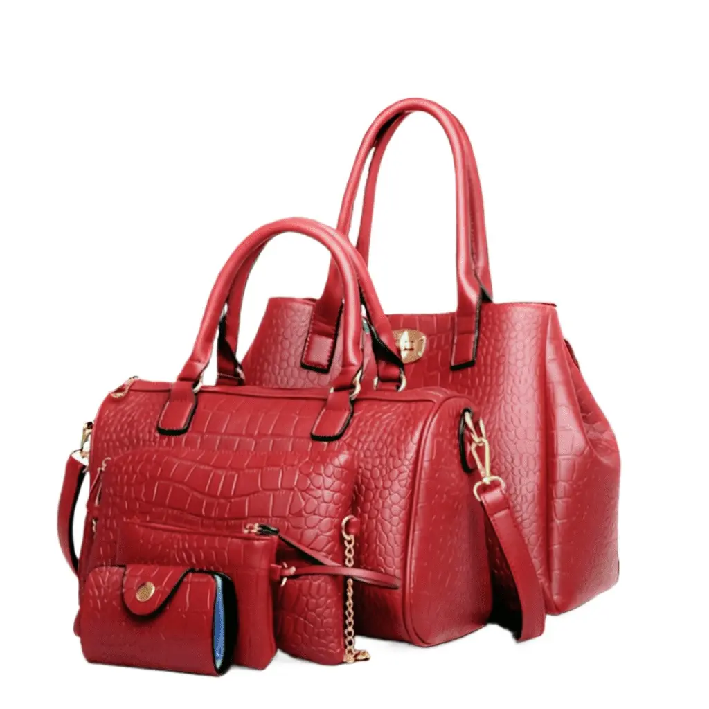 5Pcs Set PU Elegant Crocodile Embossed Women's Tote Bag Set Large Capacity Shoulder Bag Crossbody Bag Expandable Handbag 37x24x15cm Black Burgundy Blue