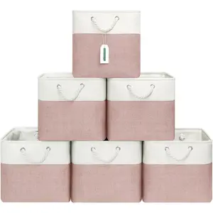 13x13 Inch Cube Storage Bins with Reinforced Bottom Cardboard, 6 Pack Large Foldable Fabric Storage Cubes with Handles for Shelf, Closet, Laundry Organization (White&Pink)