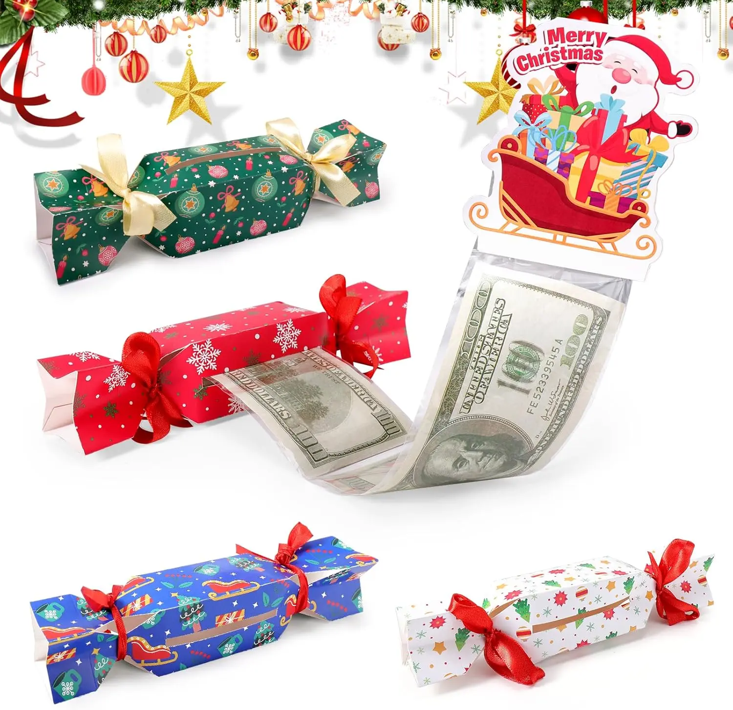 4PCS Christmas Money Box for Cash Gift Pull with 80 Transparent Bags Exploding Money Roll Creative Gift for Kids & Adults Festive Gifting