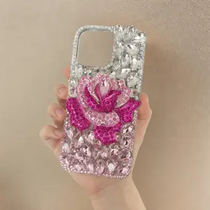 Full Bling Crystal Rose Mobile Phone Case - Sparkly Rhinestone Cover, Phone Accessories for iPhone 17, 16, 15, 14 Plus, Pro Max