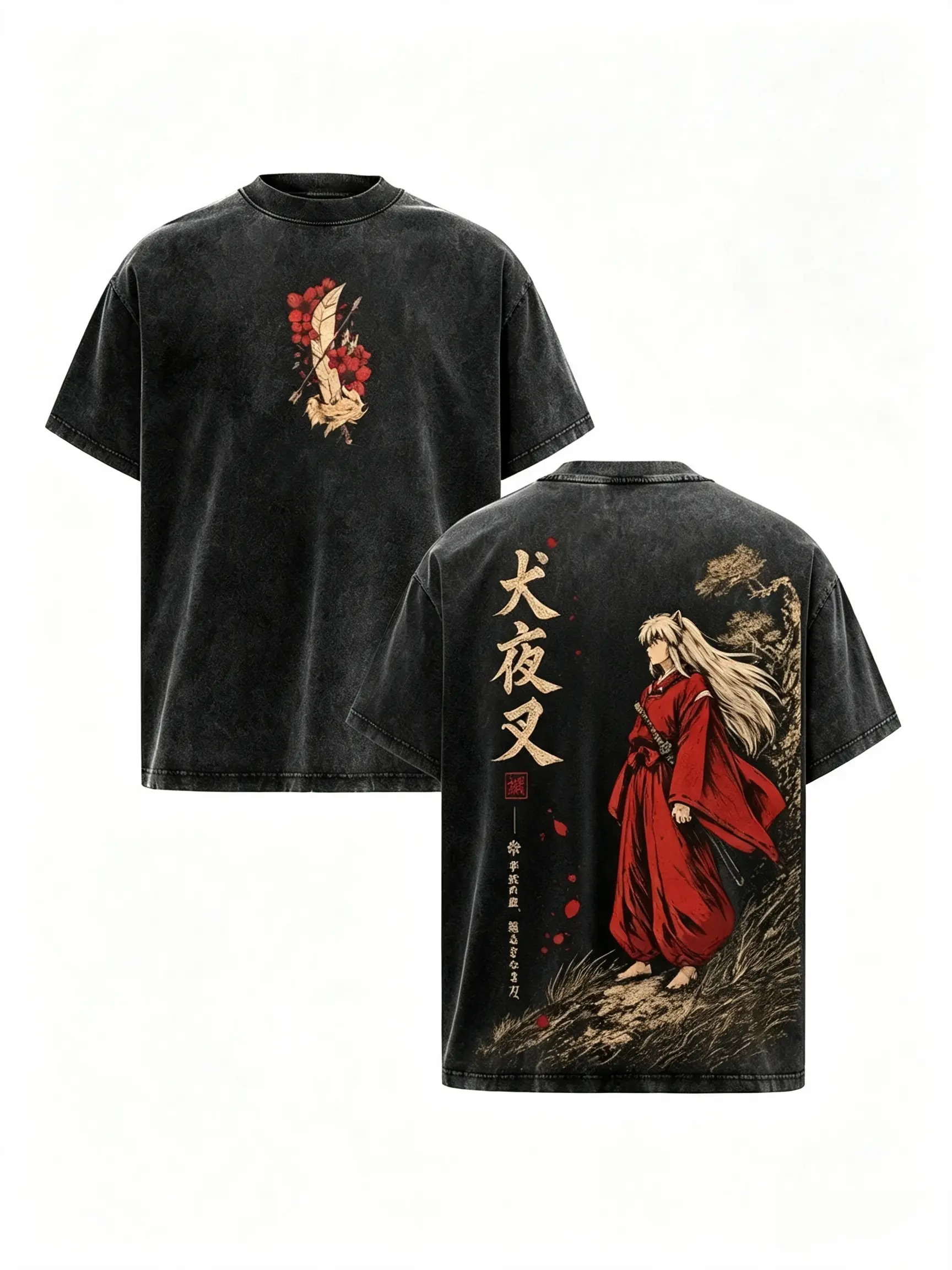Inuyasha Vintage Clothes Washed Anime Graphic Tee Manga Shirt Japan Anime T-Shirt Oversized Heavy Cotton Streetwear Top Apparel Classic Anime Fan Gift for Men & Woman double print
